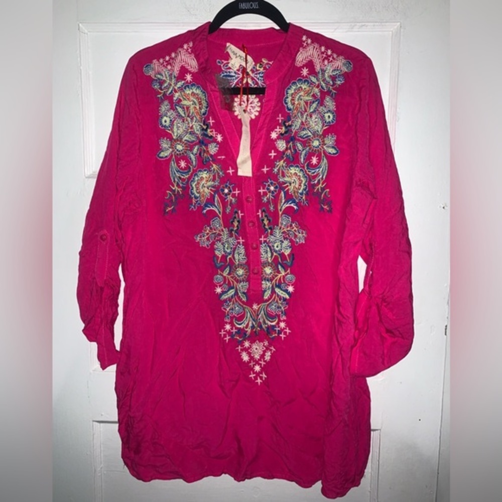 Luna‎ moon hot pink tunic boho embroidered blouse in size large